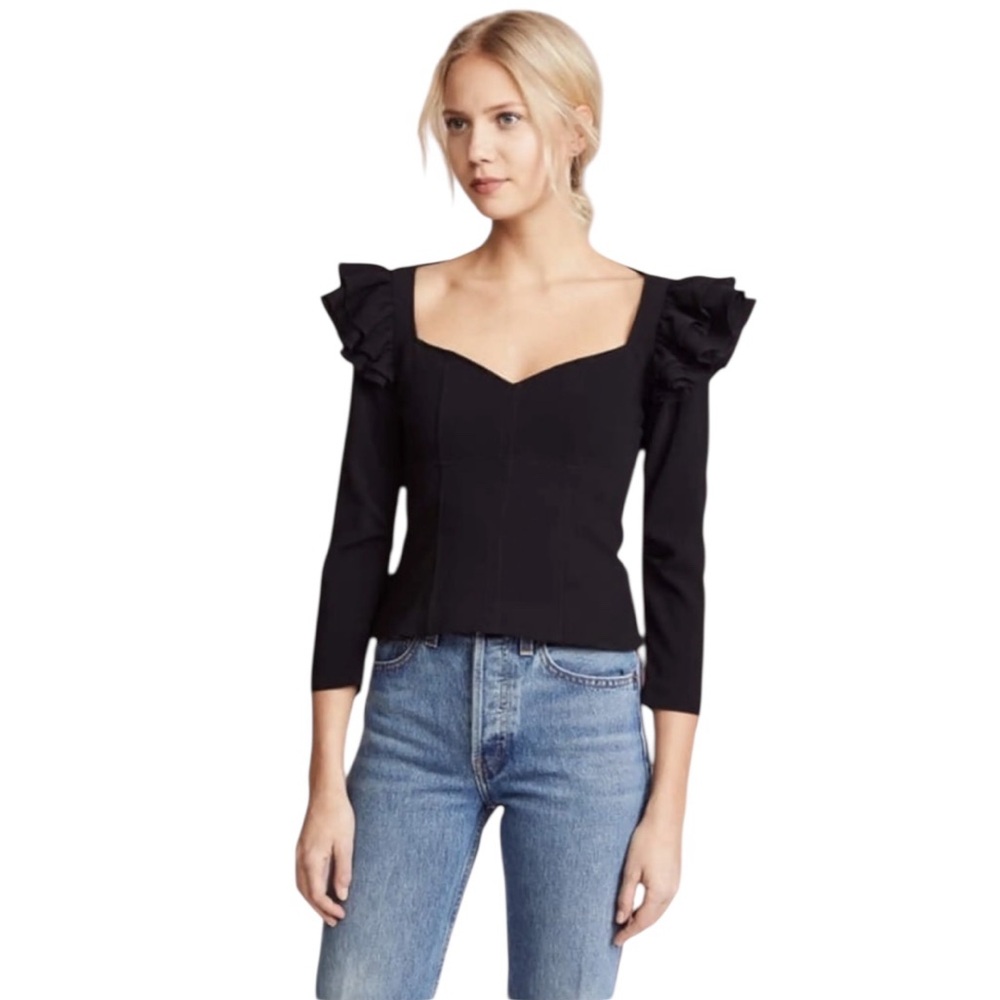 Cinq a Sept Dahlia Blouse – Black – Size L – Ruffle Sleeve‎ Corset Blouse (NWT)